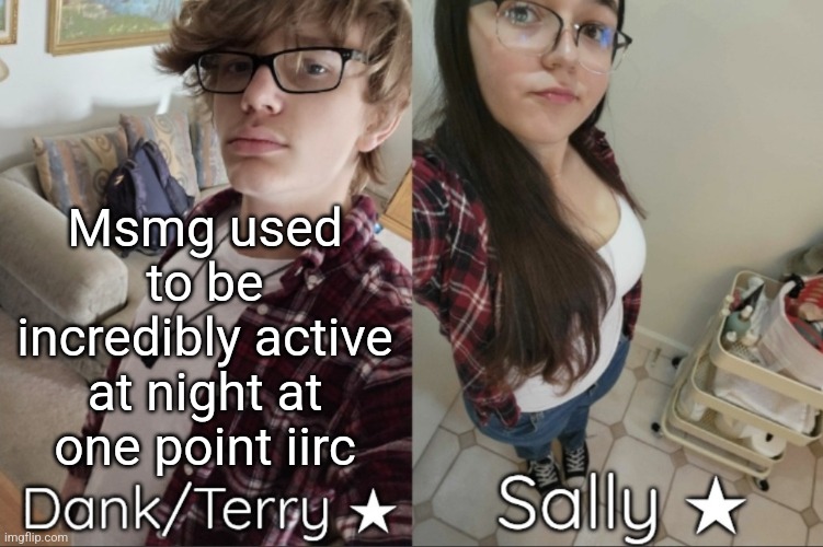 Dank/Sally matching shared temp | Msmg used to be incredibly active at night at one point iirc | image tagged in dank/sally matching shared temp | made w/ Imgflip meme maker