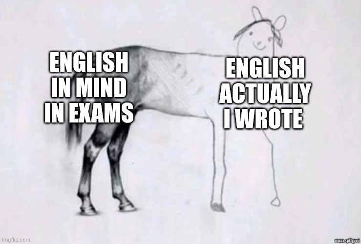 Horse Drawing | ENGLISH IN MIND IN EXAMS; ENGLISH ACTUALLY I WROTE | image tagged in horse drawing | made w/ Imgflip meme maker