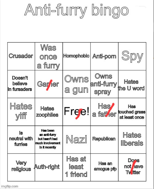 Anti-Furry bingo | image tagged in anti-furry bingo | made w/ Imgflip meme maker