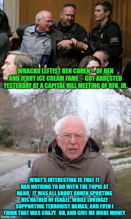 It's like a chicken fervently defending Colonel Sanders. | WHACKO LEFTIST BEN COHEN -- OF BEN AND JERRY ICE CREAM FAME -- GOT ARRESTED YESTERDAY AT A CAPITAL HILL MEETING OF RFK, JR. WHAT'S INTERESTING IS THAT IT HAD NOTHING TO DO WITH THE TOPIC AT HAND.  IT WAS ALL ABOUT COHEN SPOUTING HIS HATRED OF ISRAEL, WHILE LOVINGLY SUPPORTING TERRORIST HAMAS; AND EVEN I THINK THAT WAS CRAZY.  OH, AND GIVE ME MORE MONEY. | image tagged in yep | made w/ Imgflip meme maker