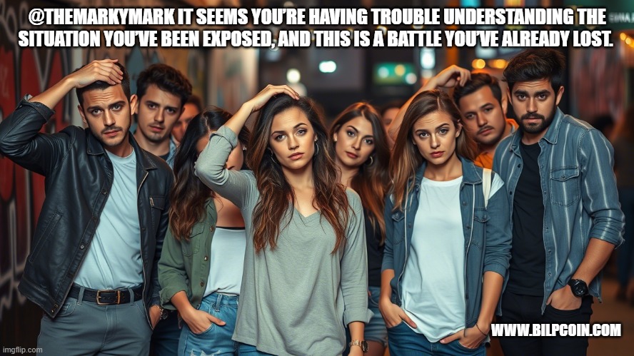 @THEMARKYMARK IT SEEMS YOU’RE HAVING TROUBLE UNDERSTANDING THE SITUATION YOU’VE BEEN EXPOSED, AND THIS IS A BATTLE YOU’VE ALREADY LOST. WWW.BILPCOIN.COM | made w/ Imgflip meme maker