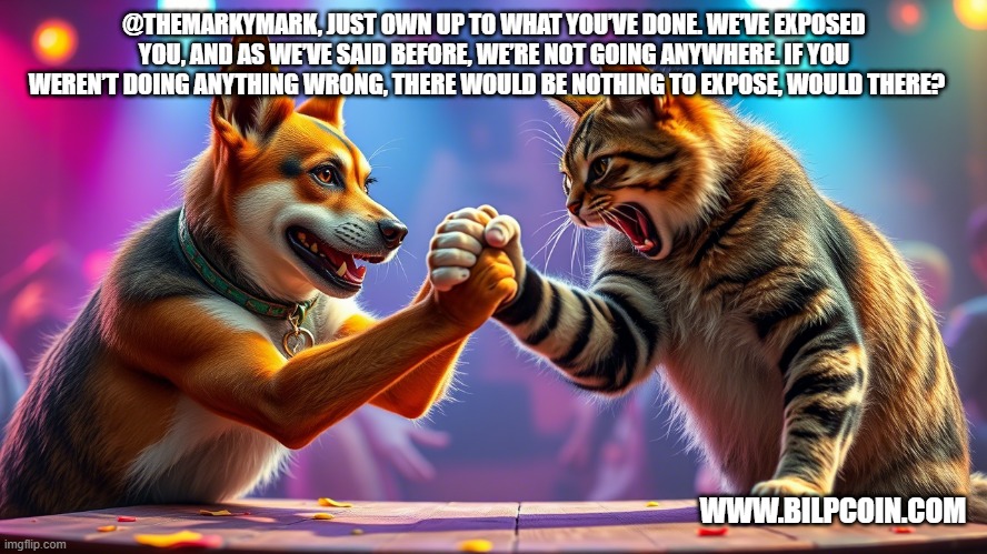 @THEMARKYMARK, JUST OWN UP TO WHAT YOU’VE DONE. WE’VE EXPOSED YOU, AND AS WE’VE SAID BEFORE, WE’RE NOT GOING ANYWHERE. IF YOU WEREN’T DOING ANYTHING WRONG, THERE WOULD BE NOTHING TO EXPOSE, WOULD THERE? WWW.BILPCOIN.COM | made w/ Imgflip meme maker