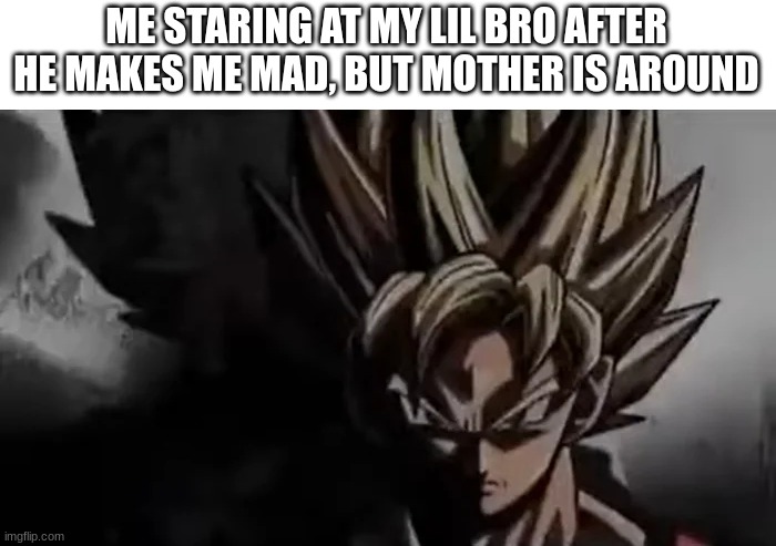 I will end him when mother's not around | ME STARING AT MY LIL BRO AFTER HE MAKES ME MAD, BUT MOTHER IS AROUND | image tagged in goku staring | made w/ Imgflip meme maker