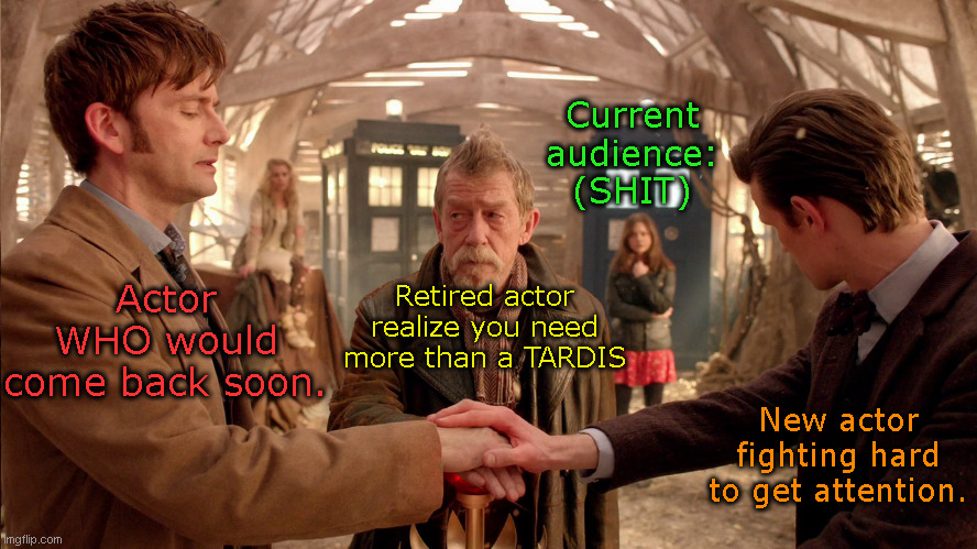 The Moment | Current audience:
(SHIT); Actor WHO would come back soon. Retired actor realize you need more than a TARDIS; New actor fighting hard to get attention. | image tagged in the moment | made w/ Imgflip meme maker