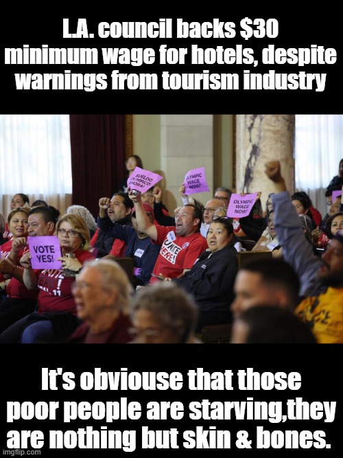L.A. council backs $30 minimum wage for hotels, despite warnings from tourism industry; It's obviouse that those poor people are starving,they are nothing but skin & bones. | made w/ Imgflip meme maker