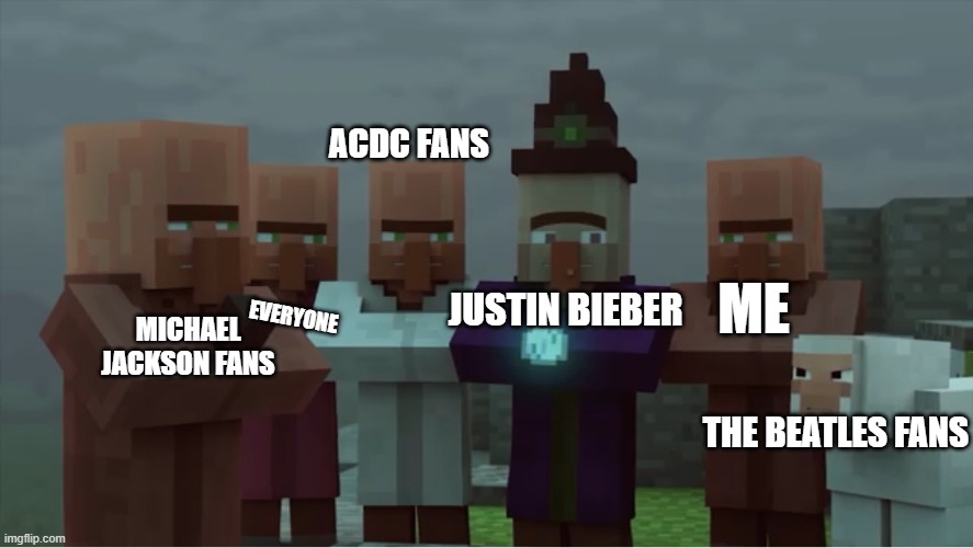 Everyone hates Justin Bieber | ACDC FANS; ME; JUSTIN BIEBER; EVERYONE; MICHAEL JACKSON FANS; THE BEATLES FANS | image tagged in villager news pissed,justin bieber,funny | made w/ Imgflip meme maker