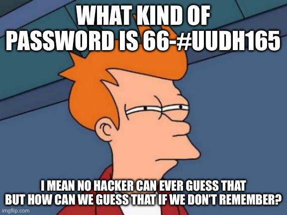 Futurama Fry Meme | WHAT KIND OF PASSWORD IS 66-#UUDH165 I MEAN NO HACKER CAN EVER GUESS THAT BUT HOW CAN WE GUESS THAT IF WE DON’T REMEMBER? | image tagged in memes,futurama fry | made w/ Imgflip meme maker