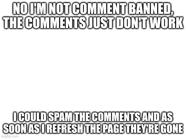 NO I'M NOT COMMENT BANNED, THE COMMENTS JUST DON'T WORK; I COULD SPAM THE COMMENTS AND AS SOON AS I REFRESH THE PAGE THEY'RE GONE | made w/ Imgflip meme maker