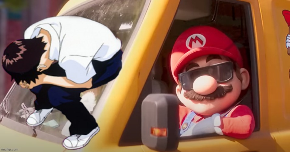 shinji sitting on mario's van Blank Meme Template