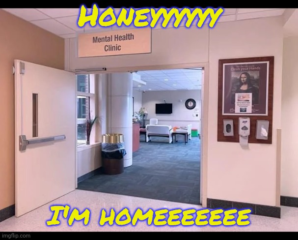 POV: You're me | Honeyyyyyy; I'm homeeeeeee | image tagged in mental health clinic | made w/ Imgflip meme maker