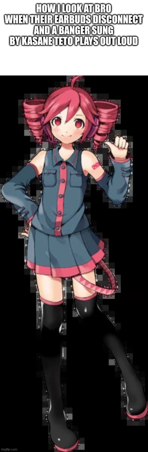 how will YOU do that | HOW I LOOK AT BRO WHEN THEIR EARBUDS DISCONNECT AND A BANGER SUNG BY KASANE TETO PLAYS OUT LOUD | image tagged in kasane teto utau | made w/ Imgflip meme maker