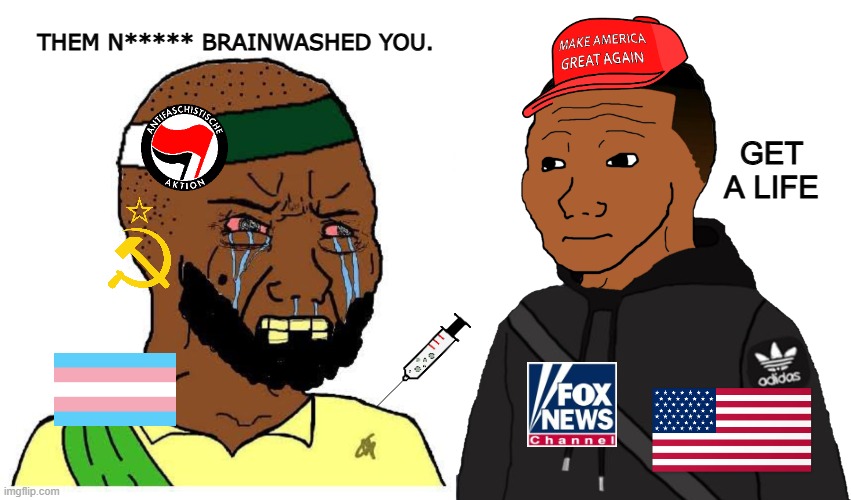 "they brainwashed you!" | THEM N***** BRAINWASHED YOU. GET A LIFE | image tagged in wojak,snowflakes,politics | made w/ Imgflip meme maker