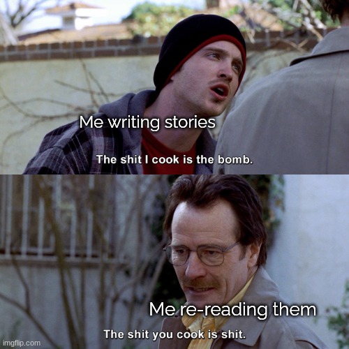 My greatest enemy, self-loathing. | Me writing stories; Me re-reading them | image tagged in breaking bad the shit i cook is the bomb | made w/ Imgflip meme maker