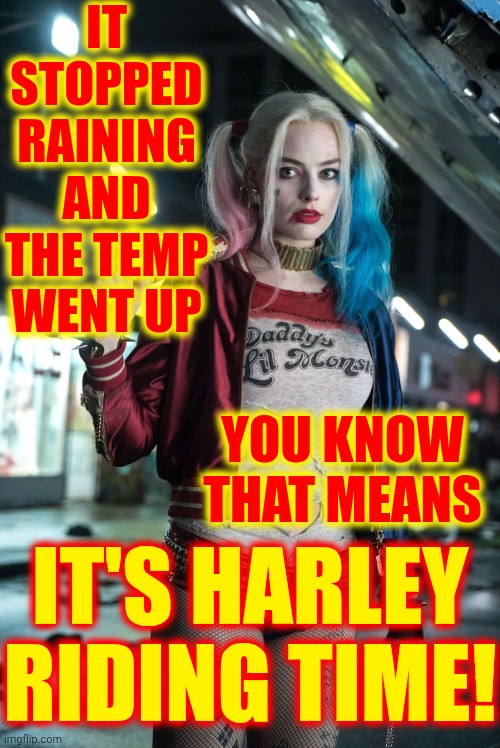 GET ON YOUR BIKES AND RIDE!  Fat Bottom Girls By Queen | IT STOPPED RAINING AND THE TEMP WENT UP; YOU KNOW THAT MEANS; IT'S HARLEY RIDING TIME! | image tagged in harley quinn,harley davidson,i want to ride my bike,get on your bikes and ride,memes,freddie mercury | made w/ Imgflip meme maker