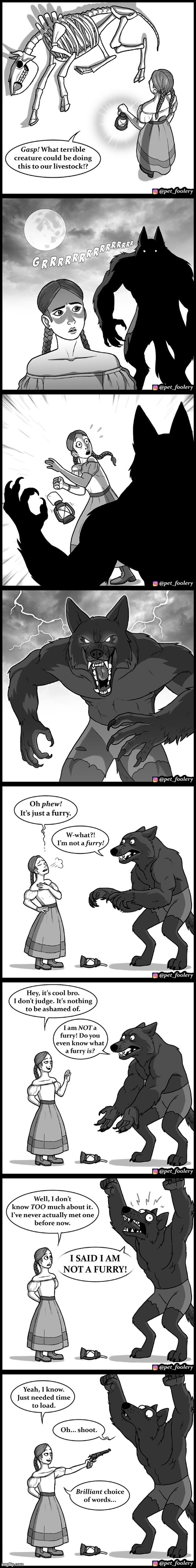 image tagged in werewolf,furry,gun,trick,sneaky,oh shoot | made w/ Imgflip meme maker