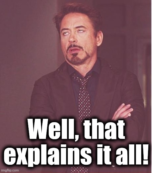 Face You Make Robert Downey Jr Meme | Well, that explains it all! | image tagged in memes,face you make robert downey jr | made w/ Imgflip meme maker