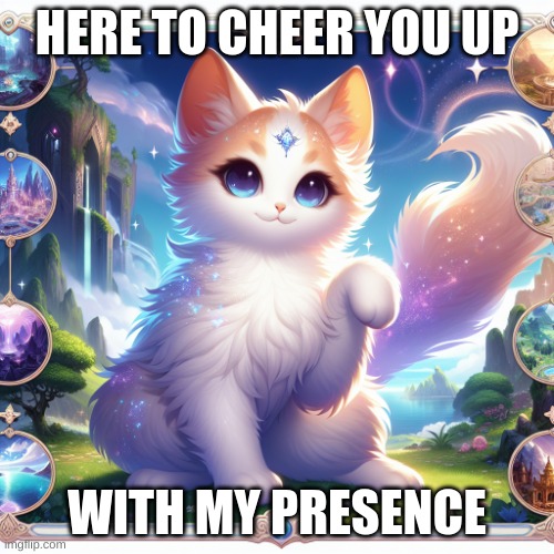 cheer | HERE TO CHEER YOU UP; WITH MY PRESENCE | image tagged in cute cat in genshin impact,cats | made w/ Imgflip meme maker