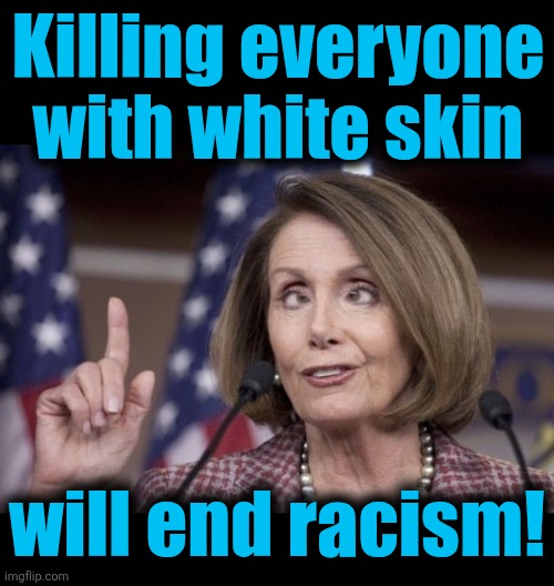 Killing everyone
with white skin will end racism! | image tagged in blank black,nancy pelosi | made w/ Imgflip meme maker