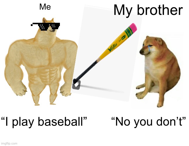 Tudftjdrrdjtdur | Me; My brother; “I play baseball”; “No you don’t” | image tagged in memes,buff doge vs cheems | made w/ Imgflip meme maker