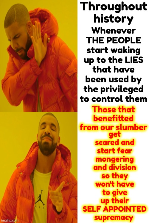 Historical Wake Up Call | Throughout history; Whenever THE PEOPLE start waking up to the LIES that have been used by the privileged to control them; get scared and start fear mongering and division so they won't have to give up their SELF APPOINTED supremacy; Those that benefitted from our slumber | image tagged in memes,brainwashed,wake up,the great awakening,you've been controlled by lies for centuries,it's time to stop | made w/ Imgflip meme maker