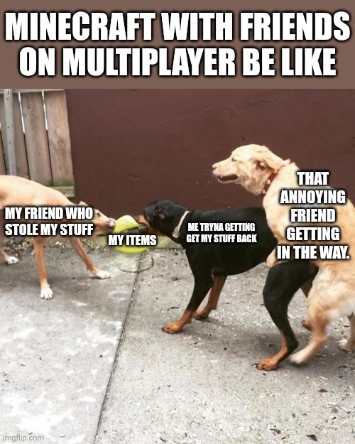 LET ME GET MY LOOT BACK! | MINECRAFT WITH FRIENDS ON MULTIPLAYER BE LIKE; THAT ANNOYING FRIEND GETTING IN THE WAY. MY FRIEND WHO STOLE MY STUFF; ME TRYNA GETTING GET MY STUFF BACK; MY ITEMS | image tagged in this is my life,minecraft,minecraft memes | made w/ Imgflip meme maker