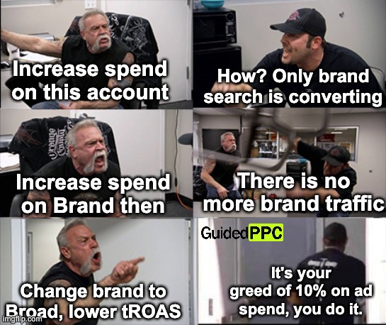 Greedy Google Ads Agency Game | How? Only brand search is converting; Increase spend on this account; Increase spend on Brand then; There is no more brand traffic; It's your greed of 10% on ad spend, you do it. Change brand to Broad, lower tROAS | image tagged in american chopper argument 6 panel,google ads,youtube ads,ppc,advertising | made w/ Imgflip meme maker