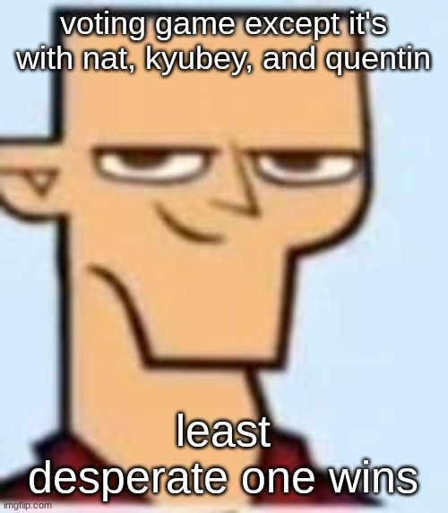tyler | voting game except it's with nat, kyubey, and quentin; least desperate one wins | image tagged in tyler | made w/ Imgflip meme maker