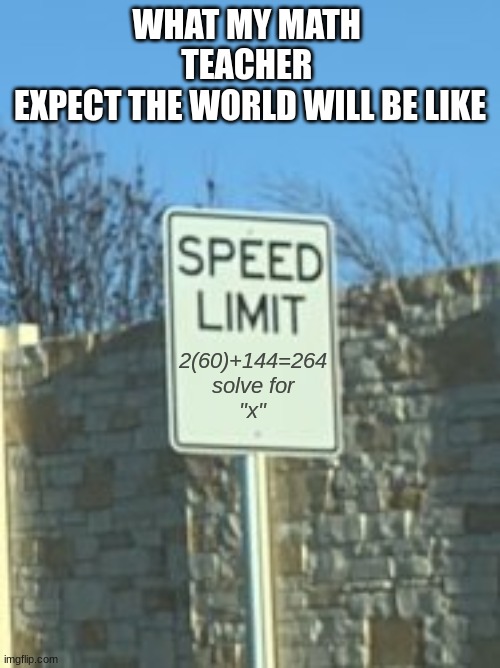 math | WHAT MY MATH 
TEACHER 
EXPECT THE WORLD WILL BE LIKE; 2(60)+144=264
solve for
"x" | image tagged in no clue who was the first too make this meme | made w/ Imgflip meme maker