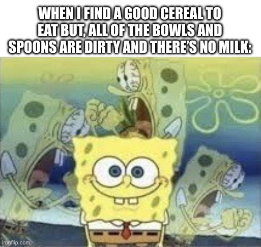 Am I not allowed to eat?! | WHEN I FIND A GOOD CEREAL TO EAT BUT, ALL OF THE BOWLS AND SPOONS ARE DIRTY AND THERE’S NO MILK: | image tagged in spongebob internal screaming | made w/ Imgflip meme maker