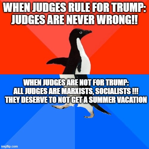 "Deporting illegals" DOES A LEGAL 4 YEAR OLD WITH STAGE 4 CANCER  DESERVE TO GET DEPORTED? | WHEN JUDGES RULE FOR TRUMP:
JUDGES ARE NEVER WRONG!! WHEN JUDGES ARE NOT FOR TRUMP:
ALL JUDGES ARE MARXISTS, SOCIALISTS !!! THEY DESERVE TO NOT GET A SUMMER VACATION | image tagged in memes,socially awesome awkward penguin | made w/ Imgflip meme maker