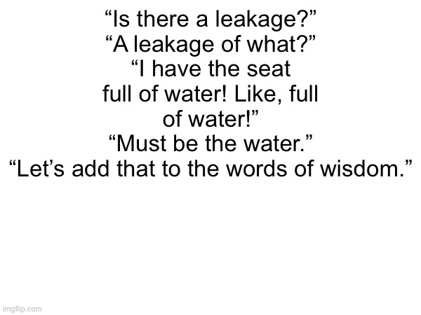 “Is there a leakage?”
“A leakage of what?”
“I have the seat full of water! Like, full of water!”
“Must be the water.”
“Let’s add that to the words of wisdom.” | made w/ Imgflip meme maker