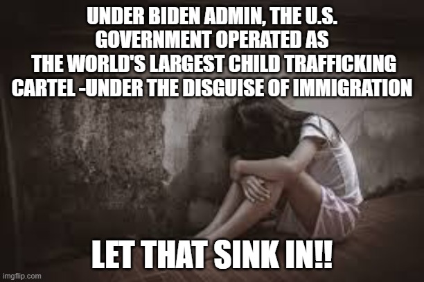 joe biden's child sex trafficking | UNDER BIDEN ADMIN, THE U.S. GOVERNMENT OPERATED AS
 THE WORLD'S LARGEST CHILD TRAFFICKING CARTEL -UNDER THE DISGUISE OF IMMIGRATION; LET THAT SINK IN!! | made w/ Imgflip meme maker