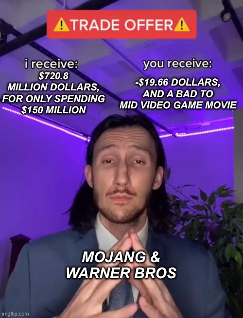 The Minecraft Movie be like | -$19.66 DOLLARS, AND A BAD TO MID VIDEO GAME MOVIE; $720.8 MILLION DOLLARS, FOR ONLY SPENDING $150 MILLION; MOJANG & WARNER BROS | image tagged in trade offer,movie,mojang,warner bros,minecraft movie | made w/ Imgflip meme maker