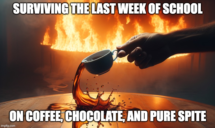 Teachers during the final week of school | SURVIVING THE LAST WEEK OF SCHOOL; ON COFFEE, CHOCOLATE, AND PURE SPITE | image tagged in spilling the tea while everything around is on fire | made w/ Imgflip meme maker