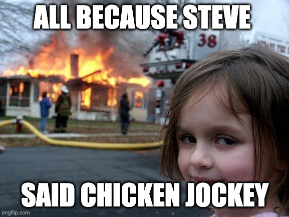 Disaster Girl | ALL BECAUSE STEVE; SAID CHICKEN JOCKEY | image tagged in memes,disaster girl | made w/ Imgflip meme maker