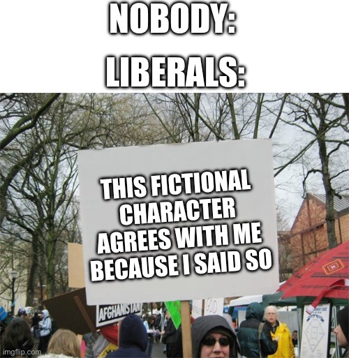Idiots | NOBODY:; LIBERALS:; THIS FICTIONAL CHARACTER AGREES WITH ME BECAUSE I SAID SO | image tagged in liberal logic,stupid liberals | made w/ Imgflip meme maker