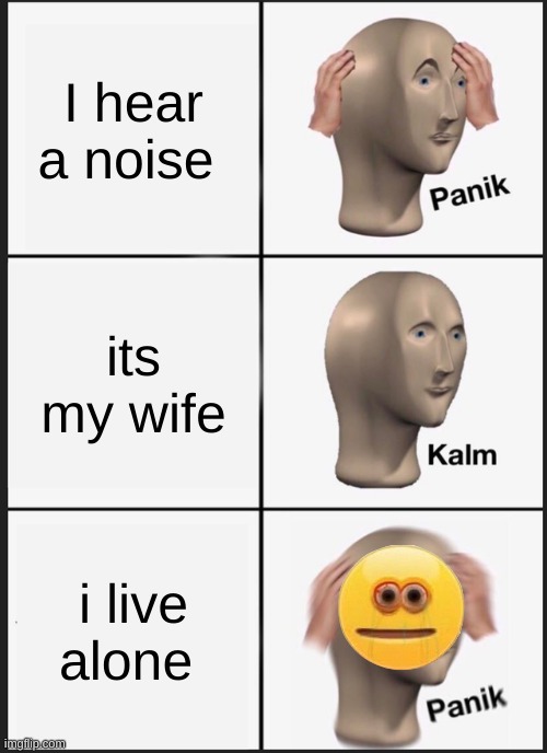 scary | I hear a noise; its my wife; i live alone | image tagged in memes,panik kalm panik | made w/ Imgflip meme maker