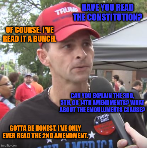Trump supporter | HAVE YOU READ THE CONSTITUTION? OF COURSE. I'VE READ IT A BUNCH. CAN YOU EXPLAIN THE 3RD, 5TH, OR 14TH AMENDMENTS? WHAT ABOUT THE EMOULUMENTS CLAUSE? GOTTA BE HONEST, I'VE ONLY EVER READ THE 2ND AMENDMENT. | image tagged in trump supporter | made w/ Imgflip meme maker