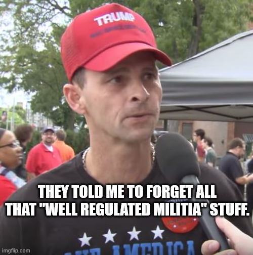 Trump supporter | THEY TOLD ME TO FORGET ALL THAT "WELL REGULATED MILITIA" STUFF. | image tagged in trump supporter | made w/ Imgflip meme maker