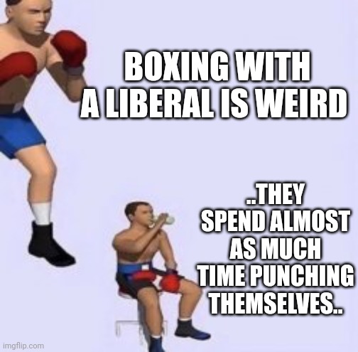 The self-hatred of liberalism | BOXING WITH A LIBERAL IS WEIRD; ..THEY SPEND ALMOST AS MUCH TIME PUNCHING THEMSELVES.. | image tagged in tired boxer | made w/ Imgflip meme maker