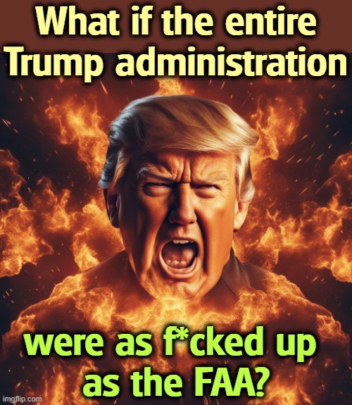 Trump the Incompetent. Clumsy, nasty, detached from reality. | What if the entire Trump administration; were as f*cked up 
as the FAA? | image tagged in trump the disaster flames and destruction failure,trump,incompetence,disaster,confusion,failure | made w/ Imgflip meme maker