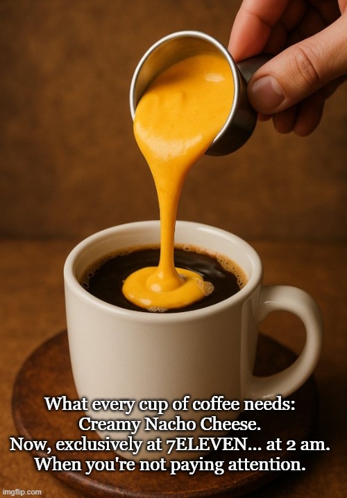 Best served with Tacos | What every cup of coffee needs:
Creamy Nacho Cheese.
Now, exclusively at 7ELEVEN... at 2 am.
When you're not paying attention. | image tagged in coffee,tacos,nasty food | made w/ Imgflip meme maker