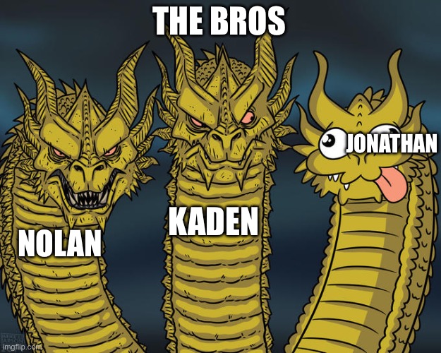 Da bois | THE BROS; JONATHAN; KADEN; NOLAN | image tagged in three-headed dragon | made w/ Imgflip meme maker