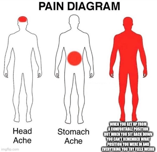 how relatable is this? | WHEN YOU GET UP FROM A COMFORTABLE POSITION BUT WHEN YOU SIT BACK DOWN YOU CAN'T REMEMBER WHAT POSITION YOU WERE IN AND EVERYTHING YOU TRY FEELS WEIRD | image tagged in pain diagram | made w/ Imgflip meme maker