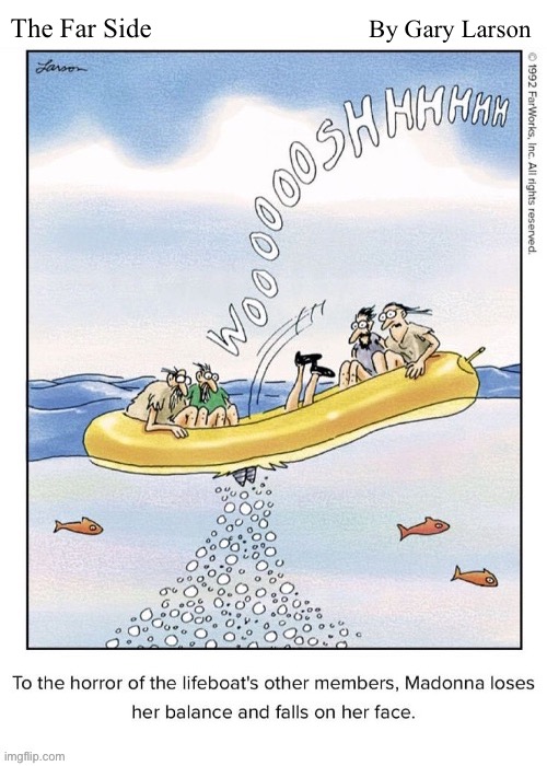 The Far Side; By Gary Larson | image tagged in comics,the far side,madonna,raft | made w/ Imgflip meme maker