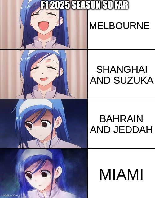 seriously the only interesting moments were near accidents, coincidences, driver swaps and the Lego gimmick | F1 2025 SEASON SO FAR; MELBOURNE; SHANGHAI AND SUZUKA; BAHRAIN AND JEDDAH; MIAMI | image tagged in happy to sad,formula 1,f1,racing,speed | made w/ Imgflip meme maker