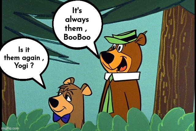 Yogi and booboo | Is it them again ,
Yogi ? It's always them , 
BooBoo | image tagged in yogi and booboo | made w/ Imgflip meme maker