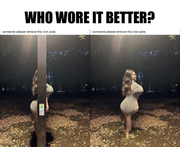 Who wore it better | WHO WORE IT BETTER? | image tagged in photoshop,bad photoshop,missing,who wore it better | made w/ Imgflip meme maker