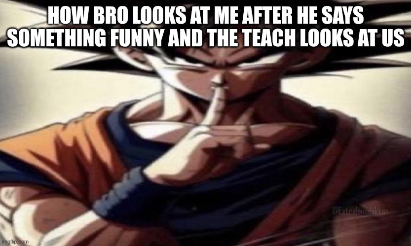 this never works | HOW BRO LOOKS AT ME AFTER HE SAYS SOMETHING FUNNY AND THE TEACH LOOKS AT US | image tagged in goku shhhhh | made w/ Imgflip meme maker