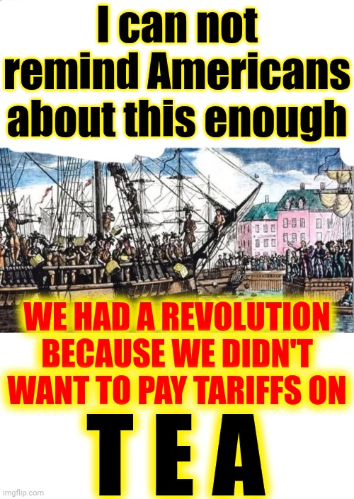 History Is Great Isn't It? | I can not remind Americans about this enough; WE HAD A REVOLUTION BECAUSE WE DIDN'T WANT TO PAY TARIFFS ON; T E A | image tagged in memes,history,tariffs,boston tea party,historical meme,history of the world | made w/ Imgflip meme maker